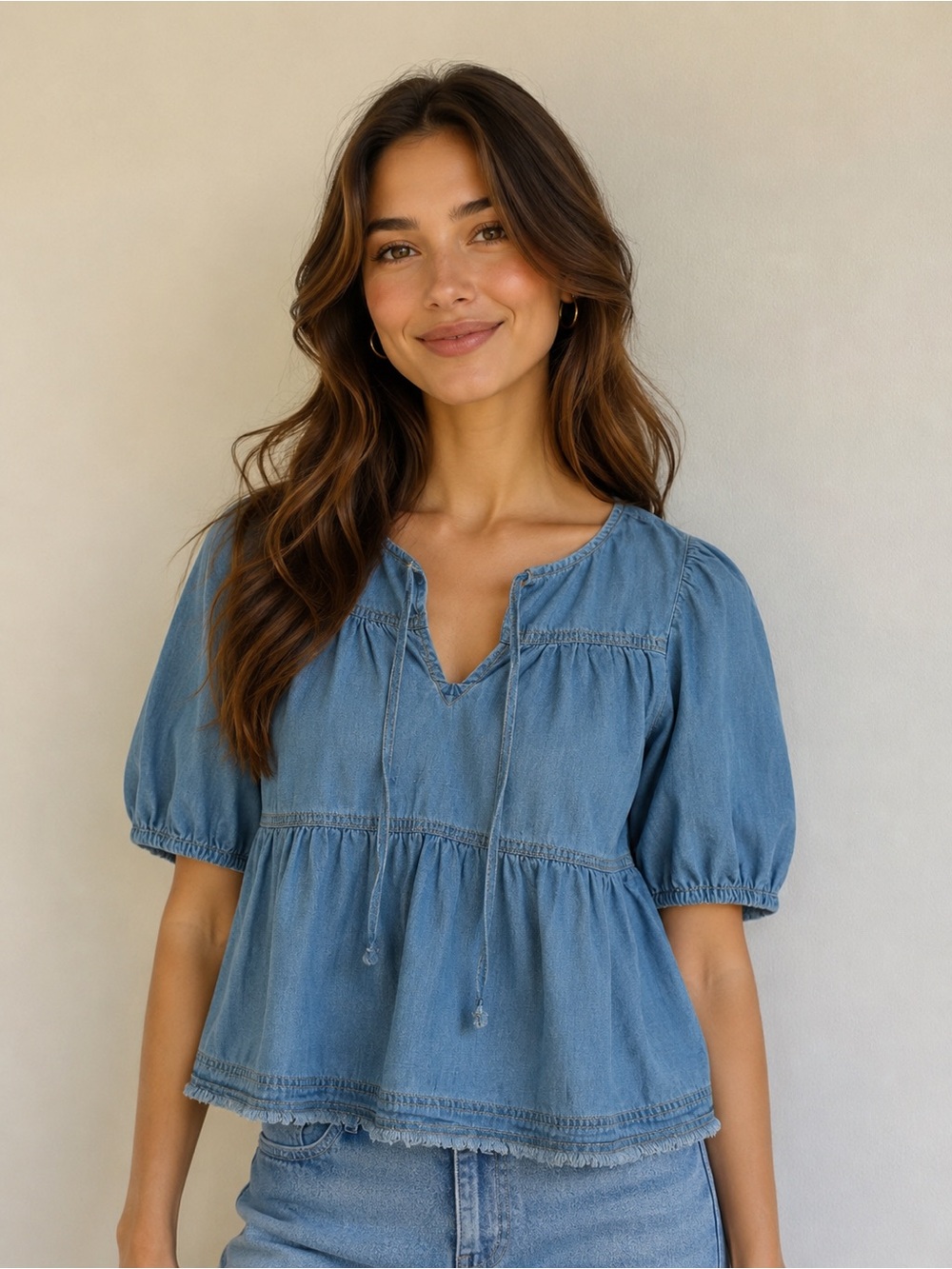 Velvet Heart Light Blue Peasant Blouse with Tie V-Neck